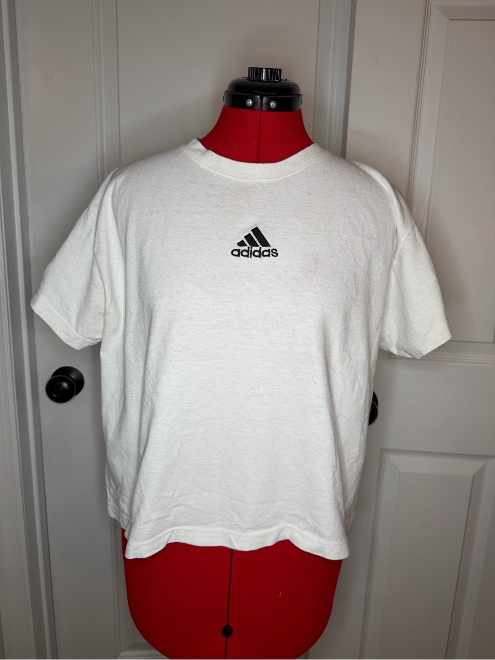 Vintage Adidas White Center Logo Short Sleeve Cropped T Shirt Women L Made USA